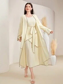 Al Najma Women'S Contrast Color Border Long Sleeve Dress Two Piece Set - Yellow - View 1