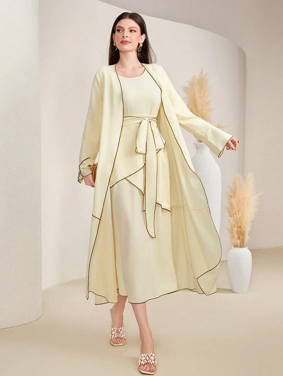 Al Najma Women'S Contrast Color Border Long Sleeve Dress Two Piece Set - Yellow - View 1