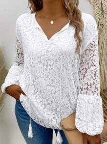 SHEIN Plus Tassel Tie Neck Lantern Sleeve Guipure Lace Blouse Fall Cloth For Women - White - View 4
