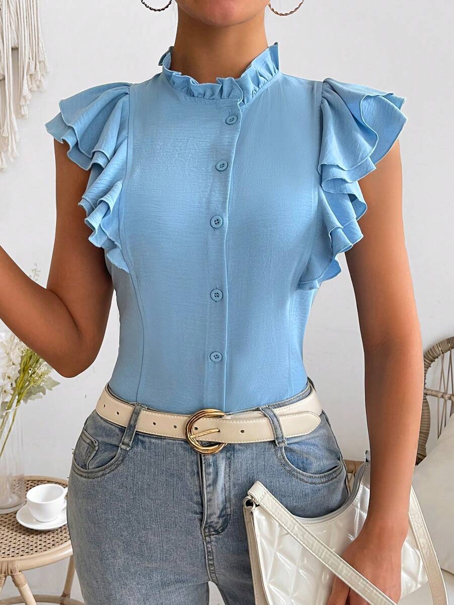 SHEIN Privé Solid Color Ruffle Edge Stand Collar Shirt - Blue - View 1