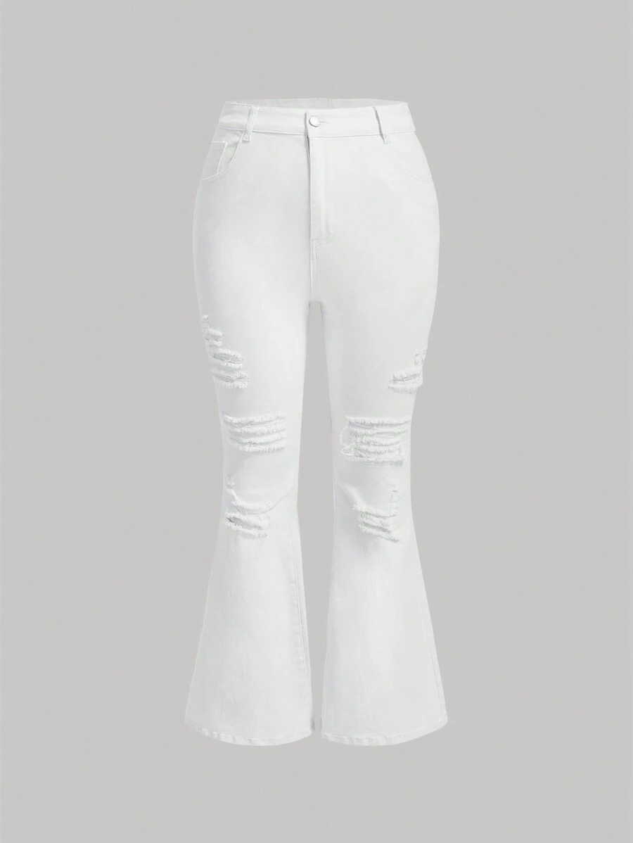 SHEIN MOD 聖派翠克節可愛白色加大彈性喇叭牛仔褲,帶有破損細節 - 白色 - 查看 1