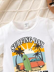 Baby Boy Casual Simple Cartoon Print Short Sleeve Round Neck Top, Suitable For Summer - White - View 3