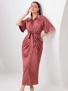 Modelyn Women's Rhinestone Button Plaid Patchwork Fleece Hem Cardigan Dress Long Evening Dresses - Pink - View 4