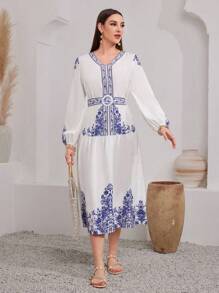 Seusyu Printed Lantern Sleeve Dress Fall Cloth For Women - White - View 4