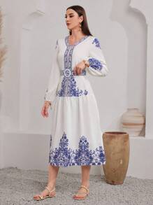 Seusyu Printed Lantern Sleeve Dress Fall Cloth For Women - White - View 5