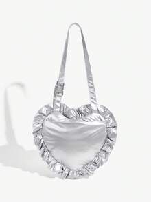 SHEIN ICON 街頭風格,時尚y2k風銀色尼龍褶皺心型斜挎包,多用途和簡約 - 銀色 - 查看 4