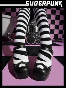 Sugerpunk Y2k 女款黑白拼色防水台厚跟鞋 - 白色 - 查看 3