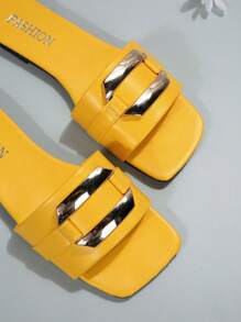 超大码美国尺码 5-9 夏季新款户外时尚休闲金属扣一脚蹬拖鞋女士日常穿着软底沙滩鞋紫色平底凉鞋适合夏季穿着舒适平底鞋 - 黃色 - 查看 7