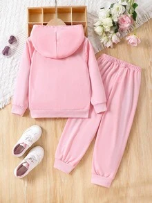 女孩卡通印花連帽衫和運動褲兩件套 - 粉色 - 查看 2