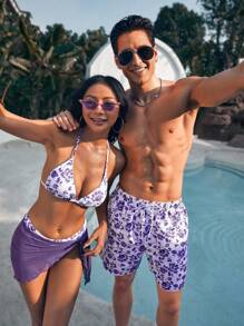 Manfinity VDAYZ 1pc Men's Floral Graphic Print Beach Shorts Couples Matching Swimwear, For Beach, Vacation,Hawaiian - Multicolor - View 1