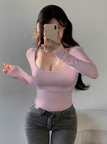 DAZY 女式纯色长袖T恤，秋季服装 - 粉色 - 查看 4