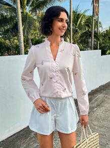 GENKIRA Zufällige Bestickte Langarmshirt - Babypink - Übersicht 3