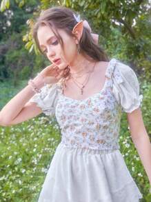 ROMWE Kawaii 花卉圖案系帶背帶吊帶 - 白色 - 查看 5