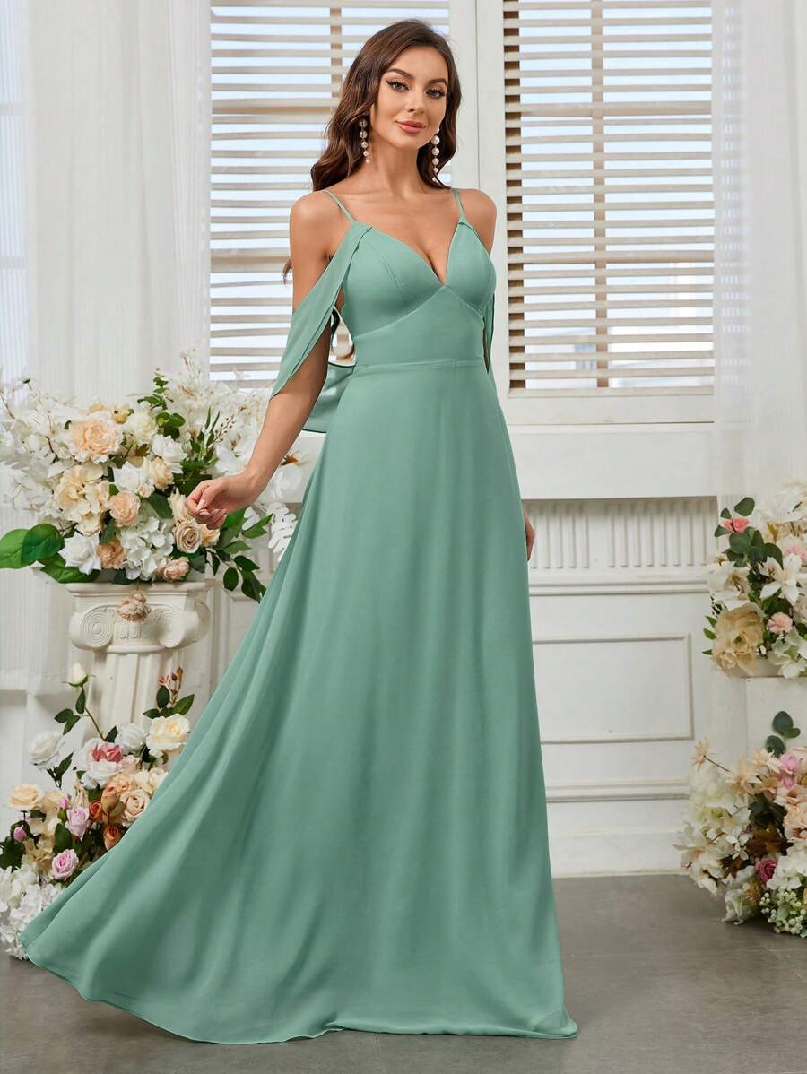 SHEIN Belle Elegant, Romantic And Elegant Women's Spring Wedding Season Spaghetti Straps High Waist Ruffle Sleeves Green Chiffon A-Shaped Umbrella Hem St. Patrick's Day Holiday Season Bridesmaid Dress
