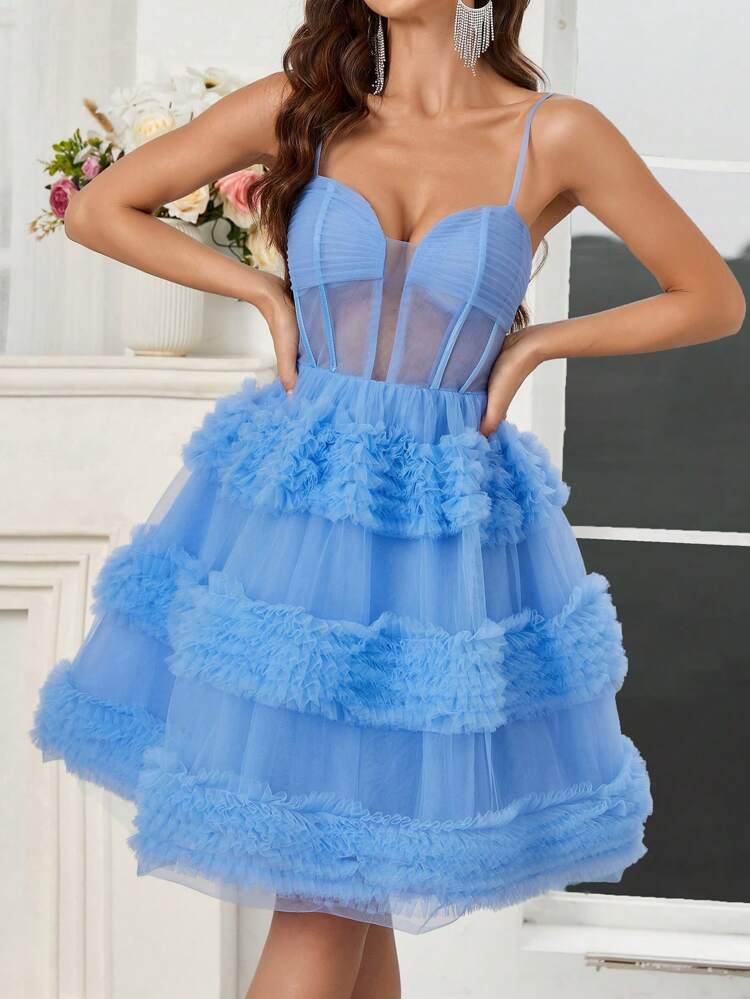 Women's V-Neck Mesh Layered Ruffle Trim Sleeveless Cake Dress With Illusion Bodice And Transparent Hem For Cocktail Party