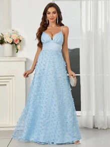 SHEIN Belle Elegant Romantic Sky Blue With Floral Butterfly Embellishments Spaghetti StrapsDeepVNeckline And Flowy A-Line Dress (Heavy Duty) Women's Evening Dress