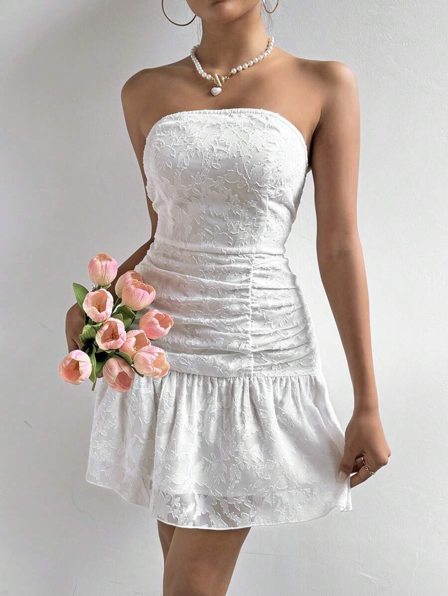 Chiquease Damski Żakard Pofałdowany Bez ramiączek Sukienki - Biały - Zobacz 1