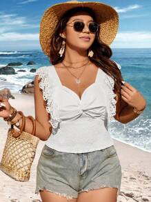 Flirla 加大尺碼打結細節褶皺邊襯衫 - 白色 - 查看 5