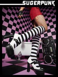 Sugerpunk Y2k 女款黑白拼色防水台厚跟鞋 - 白色 - 查看 4