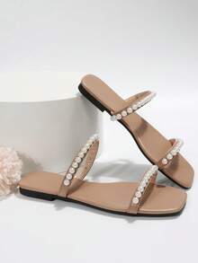 女士新款夏季平底涼鞋,時尚百搭珍珠裝飾海灘度假涼鞋 - 杏色 - 查看 4