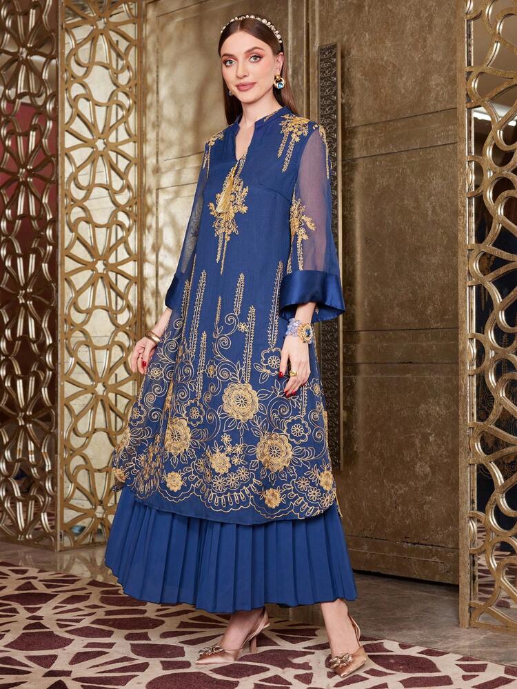 Embroidered Mesh Splice Notched Collar Dress Kaftan Jalabiya Dress