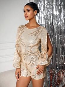 Allurite Của phụ nữ Tay áo dài Tách Chân Romper - Rượu sâm banh - Xem 5