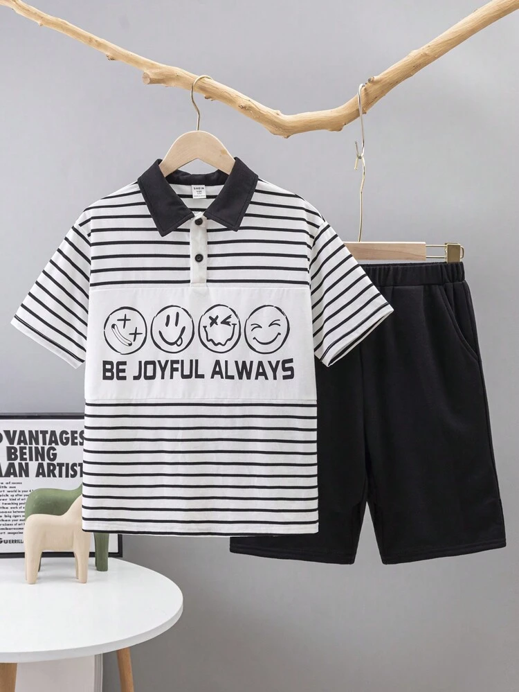 Tween Boy'S Loose Fit Casual Striped Pattern Polo Shirt And Shorts Two Piece Set
