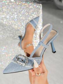 闪亮水钻扣带，白色流苏尖头派对/婚礼晚礼服细高跟鞋，香槟色裸粉色浅蓝色，银白色宝石奢华迷人性感甜美露背高跟凉鞋 - 淺藍色 - 查看 1