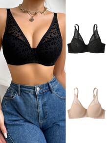 SHEIN Women's Casual Black V Neck Textured Lace Push Up Bra - Multicolor - View 1