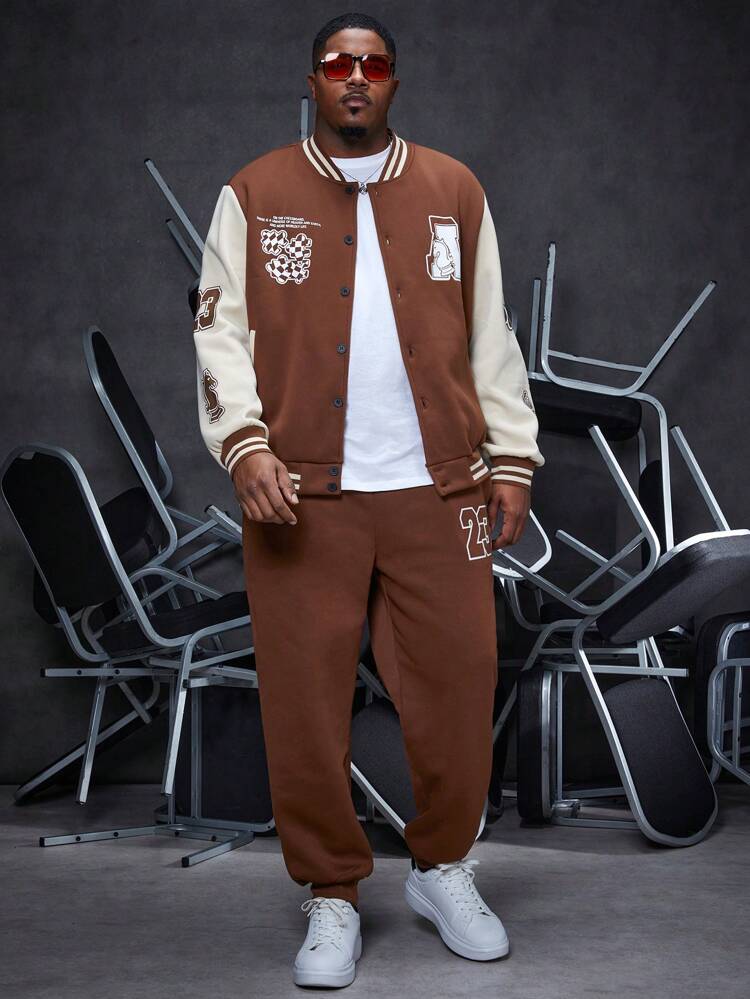 Men's Plus Size Color Block Letter Patterned Striped Trim Jacket And Jogger Pants Two Pieces Set