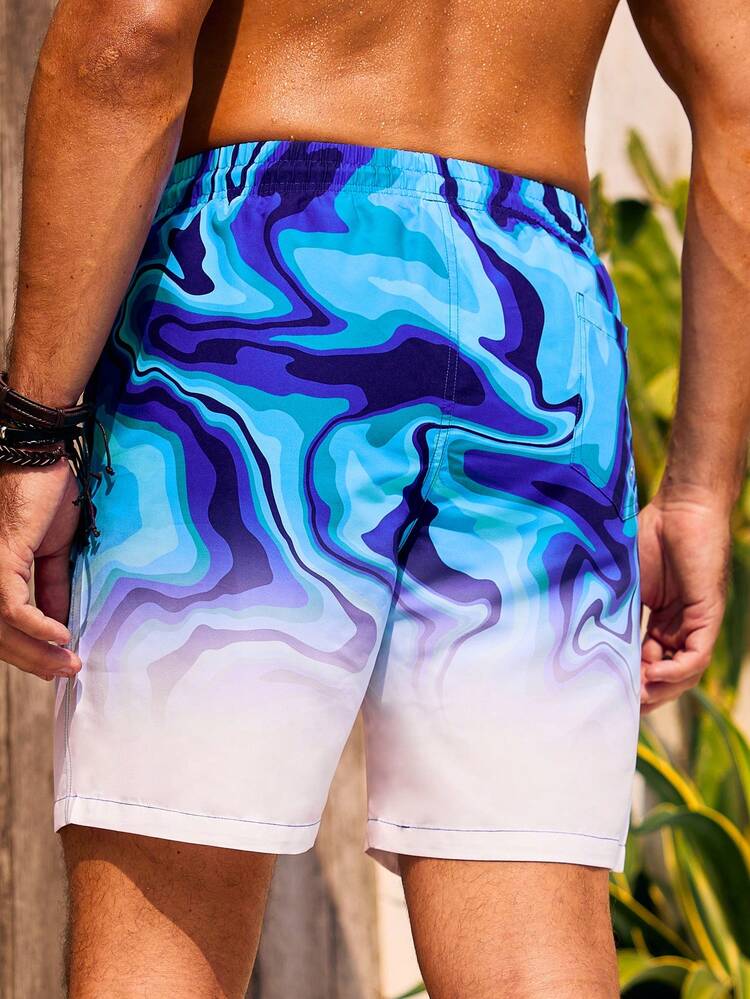 Men'S Marble Print Gradient Color Drawstring Waist Beach Shorts