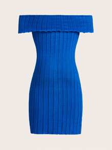 SHEIN 少女针织露肩罗纹连衣裙 - 寶藍色 - 查看 2