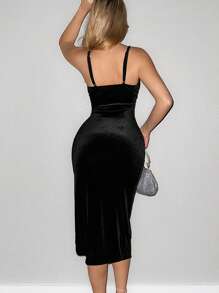 Sweetina Women's Rhinestone Embellished High Slit Spaghetti Strap Dress - Black - View 2