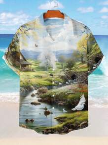 Manfinity Homme Men'S Plus Size Scenery Print Button Up Short Sleeve Shirt - Multicolor - View 6