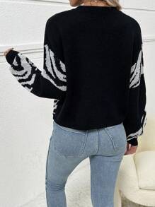 SHEIN LUNE 休閒長袖斑馬紋毛衣 - 黑色 - 查看 2