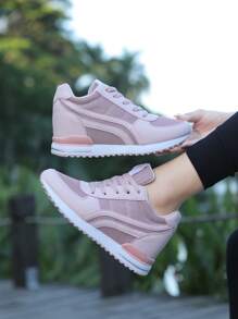 Fall/Winter Women's Solid Color Mesh Sneakers, Lace Up Patent Leather Decor Heightening Sporty Trainers, Versatile Breathable Comfy Shoes - Pink - View 6