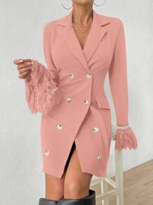 SHEIN Privé Vestido Con Puños Peludos Y Solapa De Color Liso Con Doble Botonadura - Rosa - Ver 1
