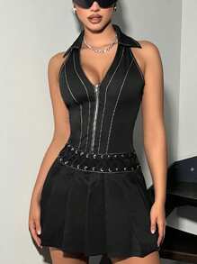SHEIN ICON Contrast Stitching Front Zip Sleeveless Dress