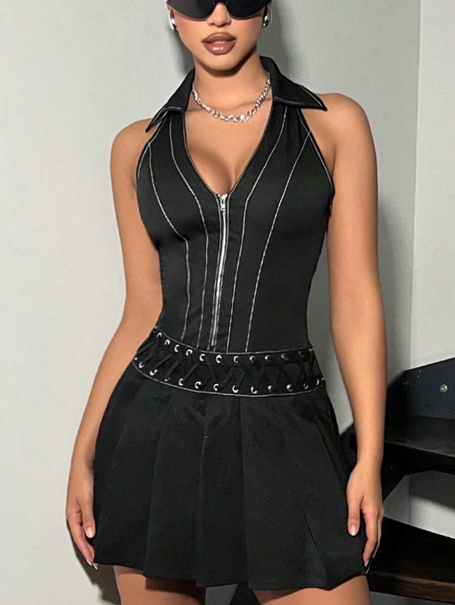 SHEIN ICON Contrast Stitching Front Zip Sleeveless Dress