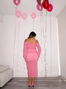 SHEIN SXY Valentine's Day Festival Outfits Sexy Roses Light Pink  Prom Heart Spring Party Date Night S Red Long Dress Off Shoulder Floral Mesh Party Birthday - Pink - View 2