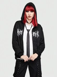 ROMWE Grunge Punk 女款開衫拉鍊連帽 - 黑色 - 查看 6