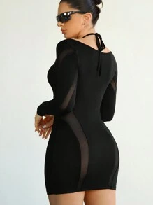 SHEIN ICON Của phụ nữ Halter Neck Lưới Đầm - màu đen - Xem 2