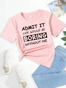 Tween Girls' Slogan Printed Short Sleeve T-Shirt - Pink - View 1