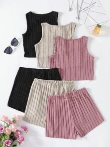 SHEIN 少女簡約休閒經典3入組：肋織針織背心&短褲(每款3入)