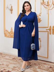 Modelyn Váy tay xoắn màu trơn cỡ lớn, Đầm dự tiệc tối thanh lịch - Màu xanh lam - Xem 4