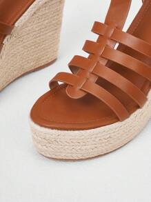 Styleloop Women's Fashionable Minimalist Strappy Brown Wedge Heel Espadrilles Sandals Ideal For Vacation,Casual Outdoor Beach Roman Boho Comfort Women's Sandals, Solid Color Faux Leather Open Toe Ankle Strap Sandals