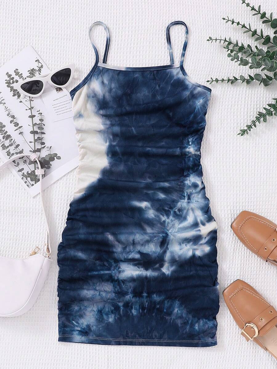 SHEIN Teen Girls' Knitted Tie-Dye Ruched Casual Cami Dress With Rib Texture - Blue - View 1