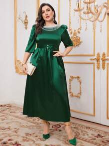 Modelyn Vestido largo de fiesta con decoración de cadena con cuentas y mangas abullonadas para talla grande
