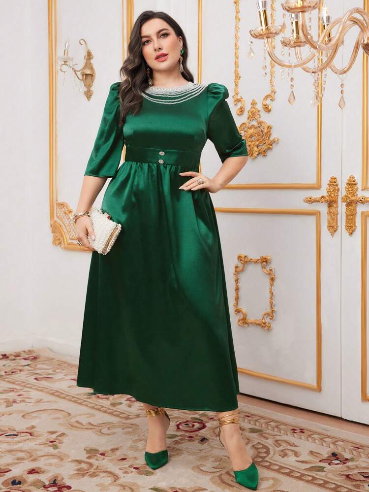 Plus Size Studded Beaded Chain Decoration Puff Sleeve Dress Long Evening Dresses