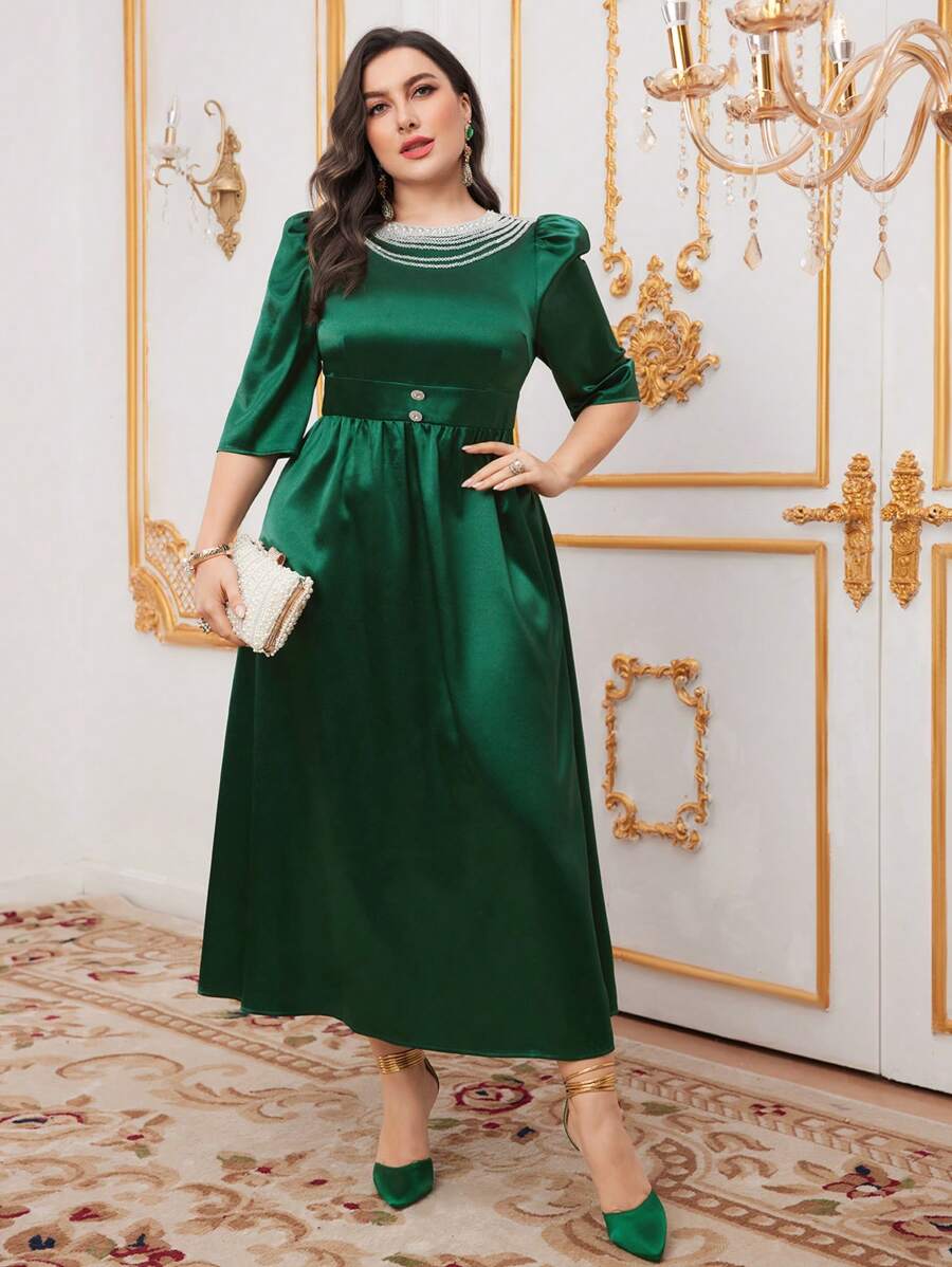 Modelyn Plus Size Studded Beaded Chain Decoration Puff Sleeve Dress Long Evening Dresses - Dark Green - View 1